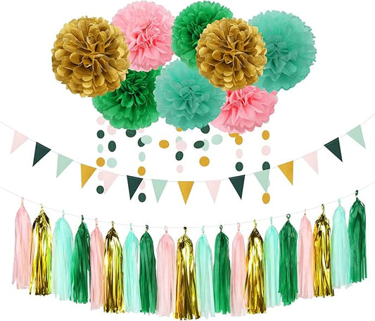 Sage-Green Pink-Gold Baby Bridal-Shower Decorations - 30pcs Rustic Wedding Tissue Pom Poms,Tassel Garland Banner,Birthday Bachelorette Engagement Valentines Mothers Day Party Decor Lasting Surprise