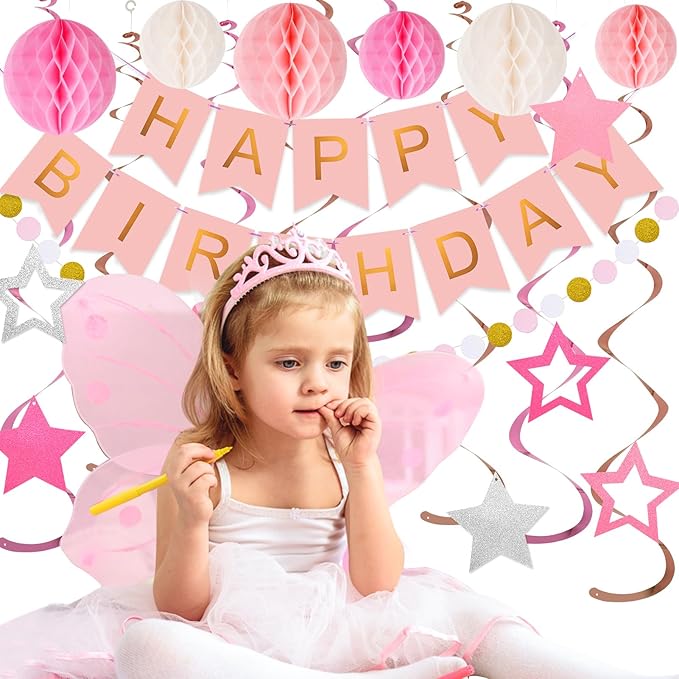 meowtastic Birthday Decorations, Happy Birthday Banner with Honeycomb Balls, Stars Hanging Swirls Streamers, Circle Dots Garland, Happy Birthday Party Decorations for Women Men Boys Girls (Pink)