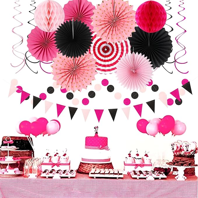 Hot-Pink Black Party-Decorations - 33pcs Baby Girl Women Birthday Banner,Streamers Tassel Garland,Birthday Tissue Pom Poms Honeycomb,Paper Lantern Fans,Wedding Bachelorette Graduation Decor Hugtmr