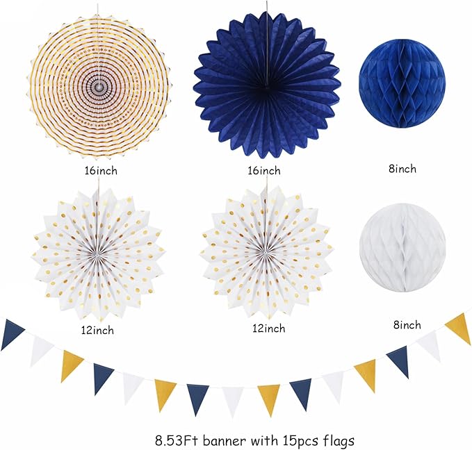 Navy-Blue White Gold Party-Decorations - 20pcs Graduation 2025 Paper Lanterns Fans,Tissue Pom Poms,Honeycomb Ball,Birthday Bridal Celebration Bachelorette Baby Shower Wedding Homecoming Decor Burgleda