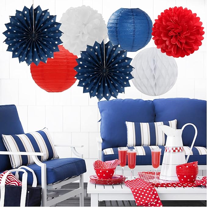 Fourth-4th of July-Imemorial Party-Decorations Lanterns - 14pcs Red White Blue Graduation Paper Streamers Fan,Tissue Pom Poms Streamer,Honeycomb Balls,USA Patriotic America Independence Decor Ouruola