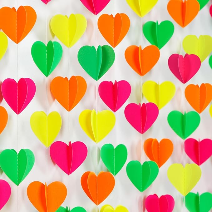 UV Neon Party Decorations Heart-Garland - 39Ft 3D Glow in The Dark Supplies, Hanging Paper Streamers Banner,Girl Romantic Wedding Anniversary Baby Bridal Shower Engagement Decor Ouruola