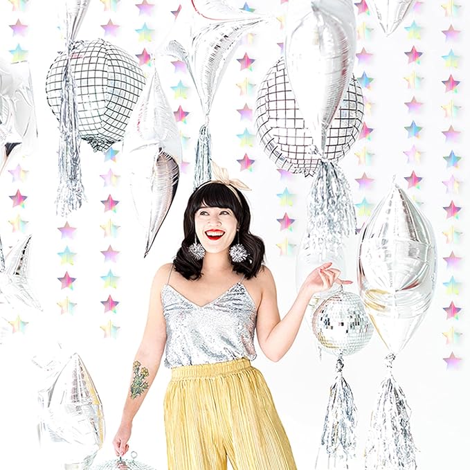 Iridescent Disco-Holographic Party-Decorations Christmas Garland - 62ft Twinkle Little Star Streamers Hanging Banner,Wedding Birthday Bachelorette Baby Bridal Shower Decor Hugtmr