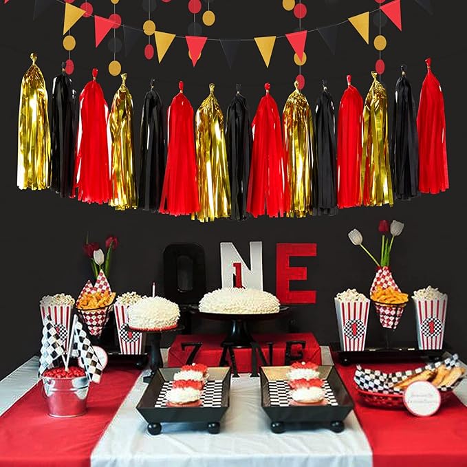 Red-Black Gold Casino-Theme Graduation Party-Decorations - 23pcs Kits Game Night Streamer Tissue Paper Pom Poms,Tassel Garland Banner,Birthday Wedding Baby Bridal Shower Decor Lasting Surprise
