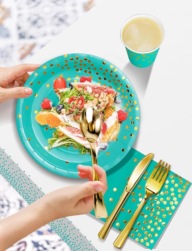 141 Pieces Blue Green and gold Party Supplies, Disposable Party Decorations Sets Include Paper Plates Napkins Cups, Plastic Forks Knives Spoons, for Baby Shower Birthday Wedding -20 Guests
