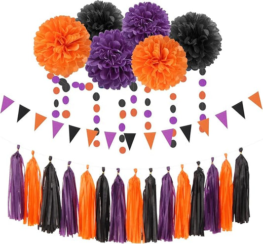 Black Purple Orange Halloween Party-Decorations - 23pcs Tissue Pom Poms Streamers,Tassel Garland Banner,Graduation 2025 Birthday Wedding Baby Bridal Shower Decor Bunting Lasting Surprise