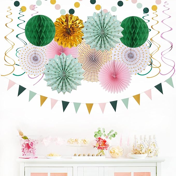 Sage-Green Pink Gold Party-Decorations - 33pcs Kits Tissue Pom Poms Honeycomb,Banner,Streamers Tassel Garland,Paper Lantern Fans, Wedding Engagement Bachelorette Birthday Baby Bridal Shower Hugtmr