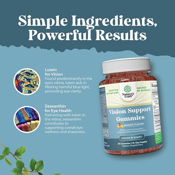 Vision Support Gummies for Adults - Lutein and Zeaxanthin Supplements for Eye Health - Potent Lutein Eye Vitamins for Blue Light Protection Dryness Strain Support & Visual Sharpness - 30 Count