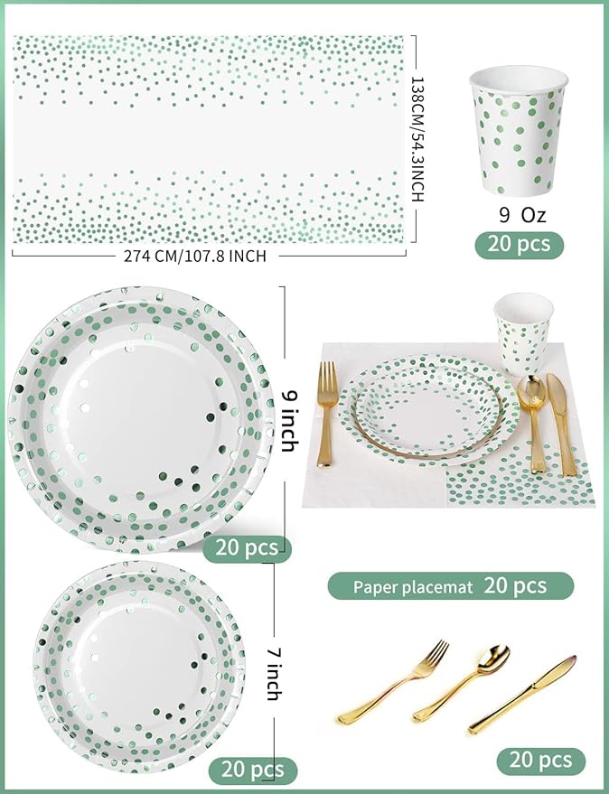 141 Pieces Green Dots Party Supplies, Disposable Party Decorations Sets Include Paper Plates Napkins Cups, Plastic Forks Knives Spoons, for Baby Shower Birthday Wedding -20 Guests