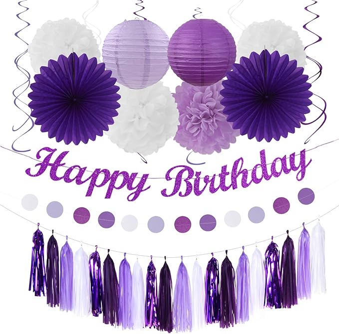 Purple-Lilac Lavender-White Happy Birthday Party-Decorations - 31pcs 20th Women Girls Paper Lanterns Streamers Banner,Tissue Pom Poms Decor,Flower Fans Tassels Graland Backdrop Supplies Hugmoon