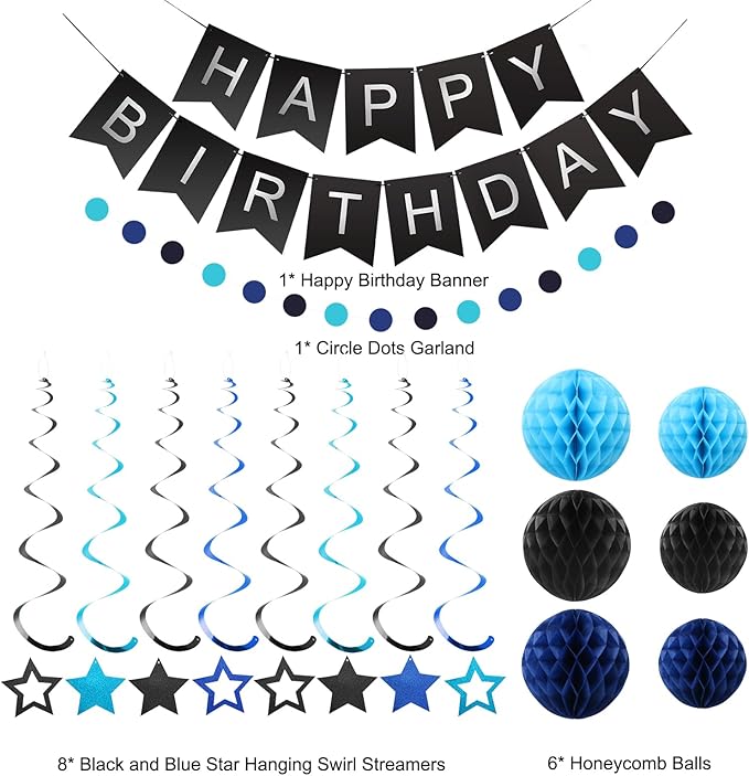 meowtastic Birthday Decorations, Happy Birthday Banner with Honeycomb Ball, Stars Hanging Swirl Streamer, Circle Dots Garland, Happy Birthday Party Decorations for Women Men Boys Girls (Black & Blue)