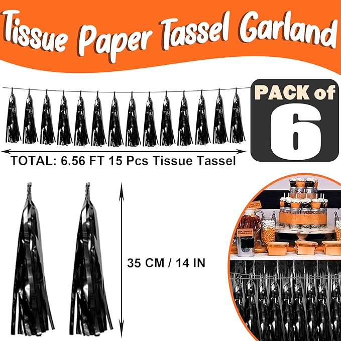 6P Black Foil Fringe Metallic Tassel Streamers Banner Tassel Garland for Parade Floats, Bachelorette, Wedding, Birthday, Graduation, Christmas, Bridal/Baby Shower Party Decorations