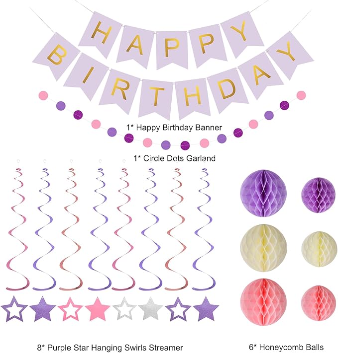 meowtastic Birthday Decorations, Happy Birthday Banner with Honeycomb Balls, Stars Hanging Swirls Streamers, Circle Dots Garland, Happy Birthday Party Decorations for Women Men Boys Girls (Purple)