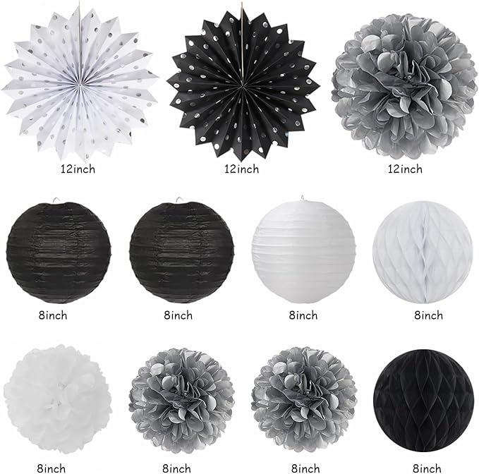 Black White Silver Birthday Party-decorations - 21pcs Boys Men Happy Banner,Paper Streamers Lanterns Honeycomb,Tissue Pom Poms Fan,Adult Supplies Decor 16th 20th 40th 45th 50th 60th Huglony