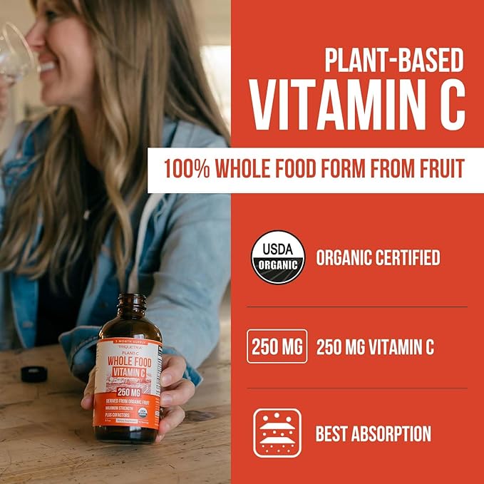 Organic Vitamin C Liquid - 250 mg | Whole Food Vitamin C Supplement from Fruit Plus Absorption Cofactors, Rutin & Citrus Bioflavonoids - Immune & Antioxidant Support, Total Health (96 Servings)