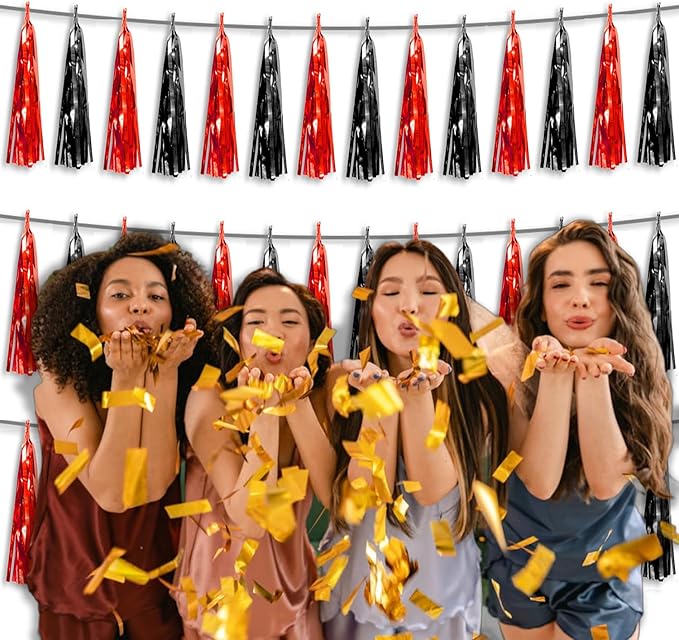3P Metallic Fringe Tassel Banner Garland Foil Tinsel Streamer Wall Hanging Curtain Backdrop Banner for Parade Floats, Halloween Decorations, Christmas Day Party Decoration(Black red)