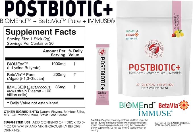Silver Fern Brand Postbiotic+ Strawberry Lemonade Powder – Postbiotic Supplement with BIOMend™, BetaVia™, and Immuse® – Supports The Digestive System & Overall Wellness – 30 Stick Packs