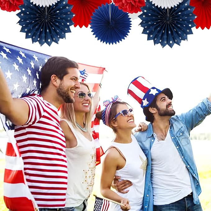 Fourth-4th of July Memorial-Day Party-Decorations - 31pcs Red-Blue White-Silver Patriotic Banner,Streamers Garland,Tissue Pom Poms Honeycomb,Paper Lantern Fan,Independence Graduation Decor Hugtmr