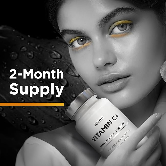 Amen Vitamin C+ Supplement with Zinc, Bioflavonoids, Quercetin, Rose HIPS, Elderberry – Vegan, Non-GMO – 2 Months Supply - 120 Capsules