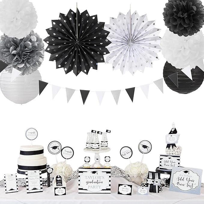 Black White Silver Party Decorations - 20pcs New Year Men Birthday Paper Lanterns Fans,Tissue Pom Poms,Honeycomb Balls,Bunting,Wedding Bachelorette Bridal Graduation Baby Decor Burgleda