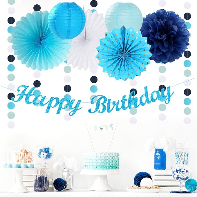Light-Royal Blue White Birthday Party-decorations - 21pcs Boys Men Ocean Happy Banner,Navy Dusty Paper Streamers Lanterns Honeycomb,tissue Pom Poms Fan,Nautical Adult Garland Supplies Decor Huglony