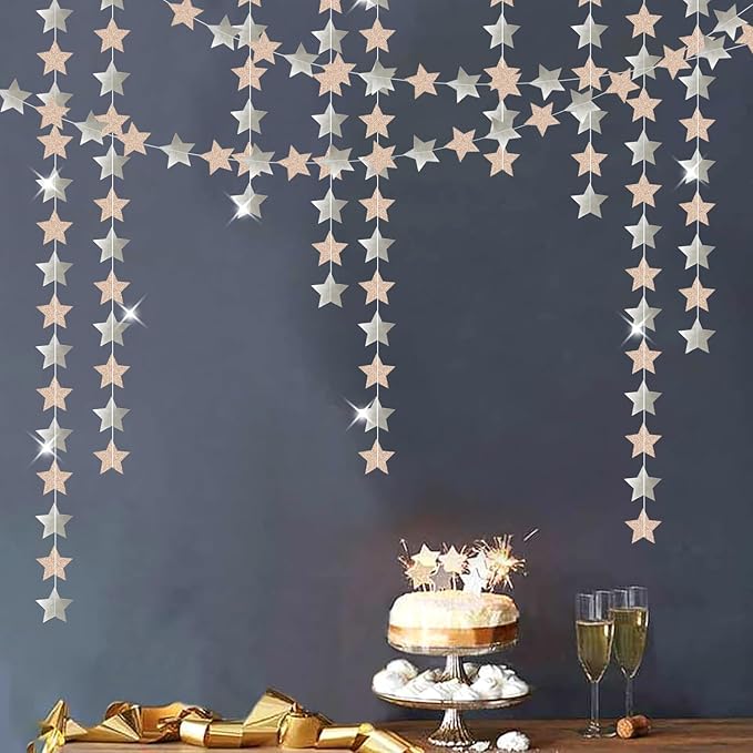 Champagne Glitter-Silver Party-Decorations Birthday Garland - 62ft Twinkle Little Star Hanging Streamers Banner,Boho Wedding Bridal Baby Shower Disco Christmas Bachelorette Engagement Decor Hugtmr