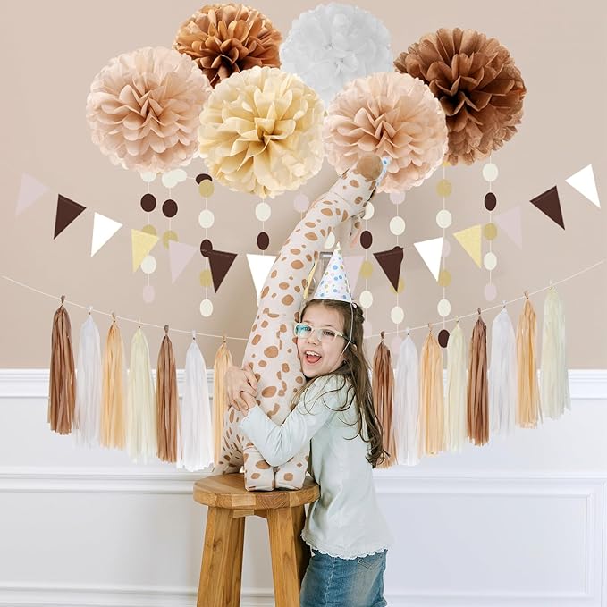 Boho Baby-Shower White-Brown Champagne Party-Decorations - 28pcs Neutral Birthday Wedding Bridal Tissue Pom Poms Streamers, Fall Autumn Tassel Garland Banner, Engagement Christmas Decor Ouruola