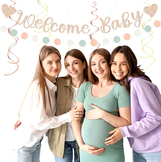 Sage-Green Pink-Beige Baby-Shower Party-Decorations - 36pcs Welcome Home Banner Sign,Girl Paper Lanterns,Neutral Streamers Garland,Boho Tissue Pom Poms Flowers Fans Backdrop Decor Burgleda