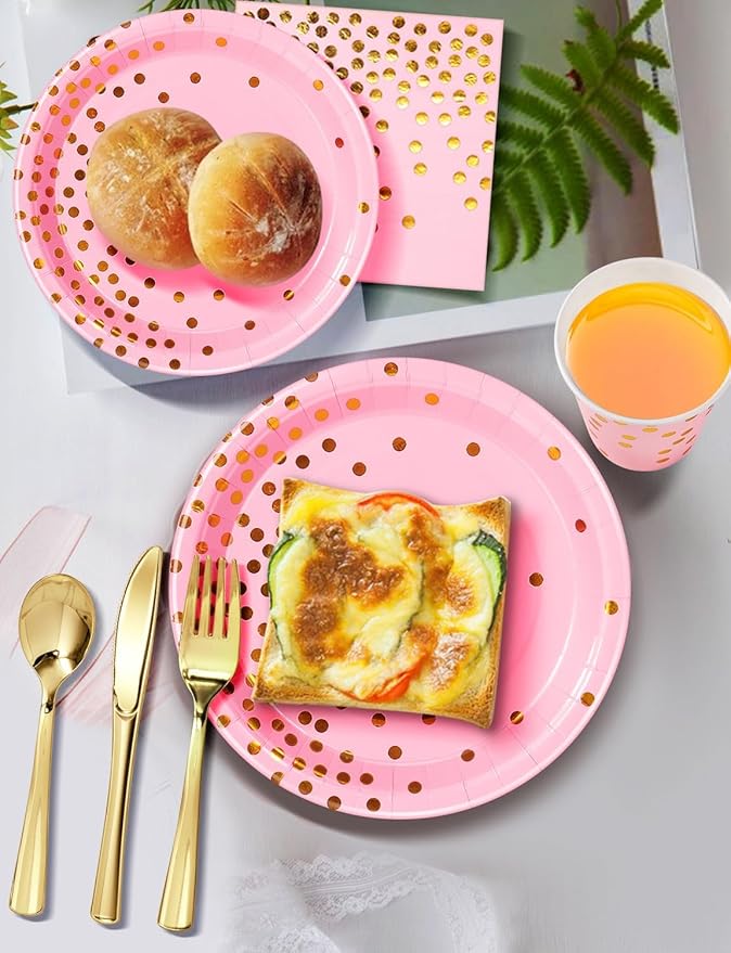 141 Pieces Pink and Gold Party Supplies, Disposable Party Decorations Sets Include Paper Plates Napkins Cups, Plastic Forks Knives Spoons, for Baby Shower Birthday Wedding -20 Guests