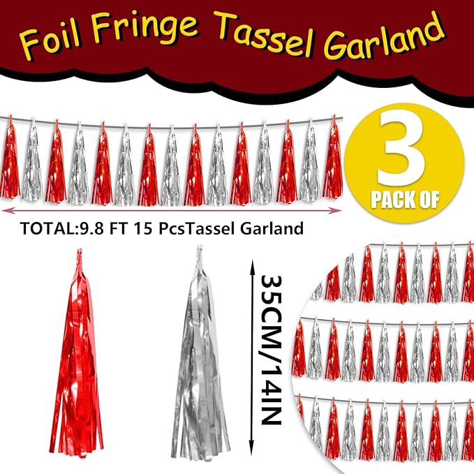 3P Metallic Fringe Tassel Banner Garland Foil Tinsel Streamer Wall Hanging Curtain Backdrop Banner for Parade Floats,Halloween Decorations, Christmas Day, Wedding Party Decoration(Red Silver)