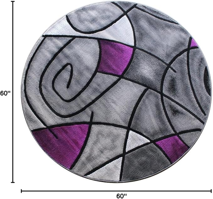 Masada Rugs, Modern Contemporary Round Area Rug, Purple Grey Black (5 Feet X 5 Feet) Round