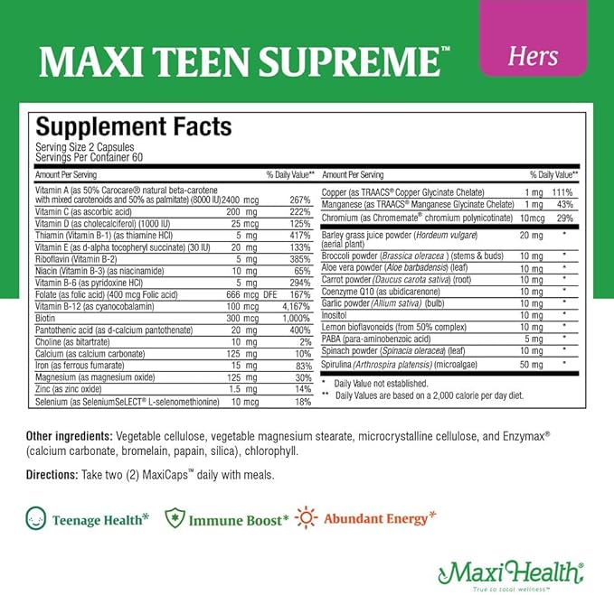 Teen Vitamins for Girls 12-17 - Teen Multivitamin D3, Iron, Calcium, Biotin, Zinc, Digestive Enzymes – Teenager Girl Multi Vitamins for Healthy Skin, Immune & Mood Support – 120 Count
