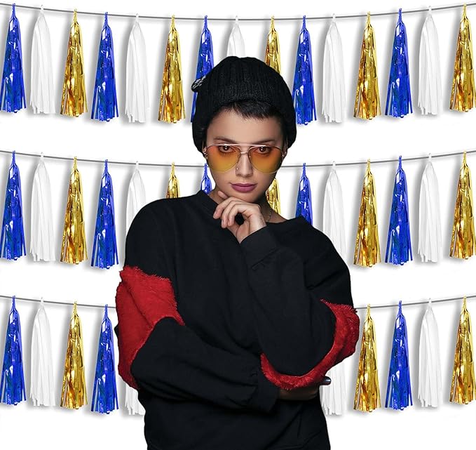 3P Metallic Fringe Tassel Banner Garland Foil Tinsel Streamer Wall Hanging Curtain Backdrop Banners for Parade Floats Birthday Party Graduation Retirement Party Decorations(Navy-Blue White and Gold)