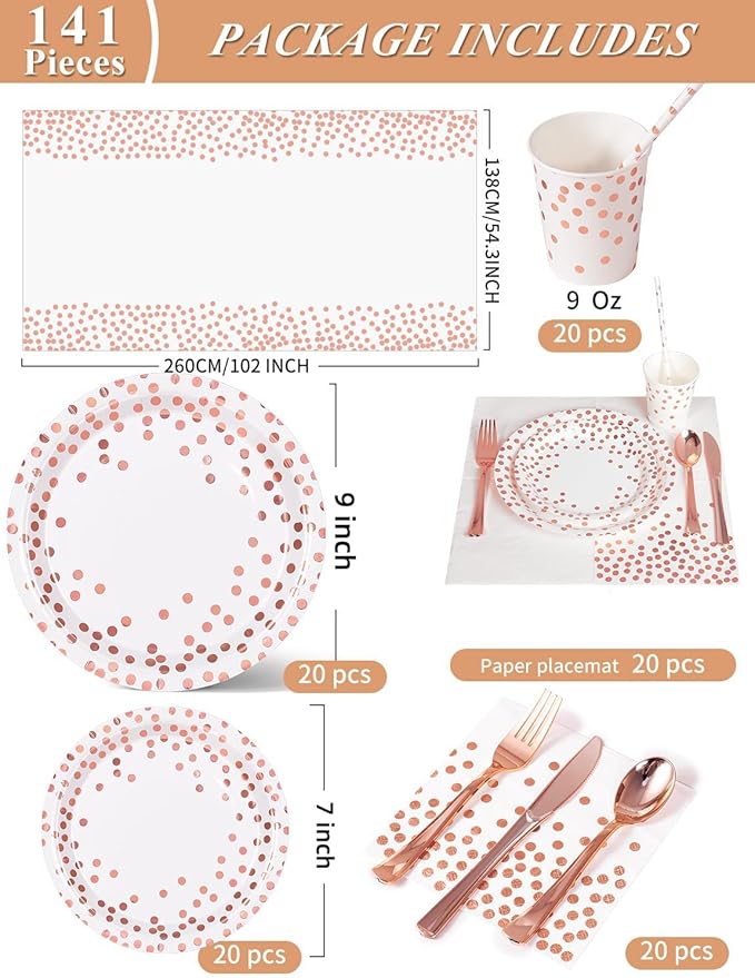 141 Pieces Rose Gold Party Supplies, Disposable Party Decorations Sets Include Paper Plates Napkins Cups, Plastic Forks Knives Spoons, for Baby Shower Birthday Wedding -20 Guests