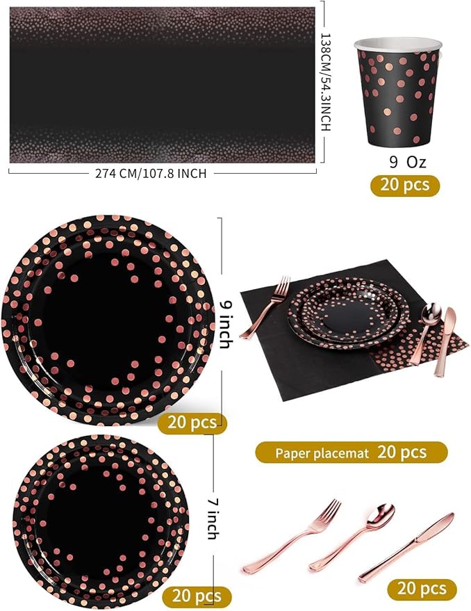 141 Pieces Black and Rose Gold Party Supplies, Disposable Party Decorations Sets Include Paper Plates Napkins Cups, Plastic Forks Knives Spoons, for Baby Shower Birthday Wedding -20 Guests