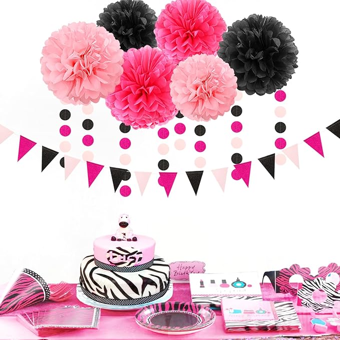 Hot-Pink Black Party-Decorations - 33pcs Baby Girl Women Birthday Banner,Streamers Tassel Garland,Birthday Tissue Pom Poms Honeycomb,Paper Lantern Fans,Wedding Bachelorette Graduation Decor Hugtmr