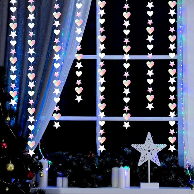 Iridescent Disco-Holographic Party-Decorations Star Heart-Garland - 52Ft Neon Wedding Hanging Paper Streamers Banner,Birthday Bachelorette Baby Bridal Shower Engagement Decor Ouruola