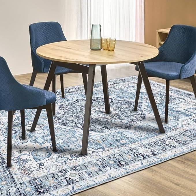 Area Rug 8×10, Large Vintage Boho Rug,Ultra-Soft Low Pile, Washable, Non Slip,Stain Resistant, Printed Carpet for Living Room Bedrooms Playroom Office Kitchen, Light Blue