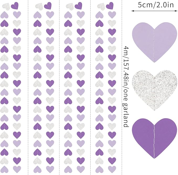 Purple Silver Birthday Party-Decorations Streamers - 52FT Graduation Hanging Heart Garland Banner,Baby Bridal Shower Engagement Wedding Anniversary Bachelorette Backdrop Decor Hugtmr