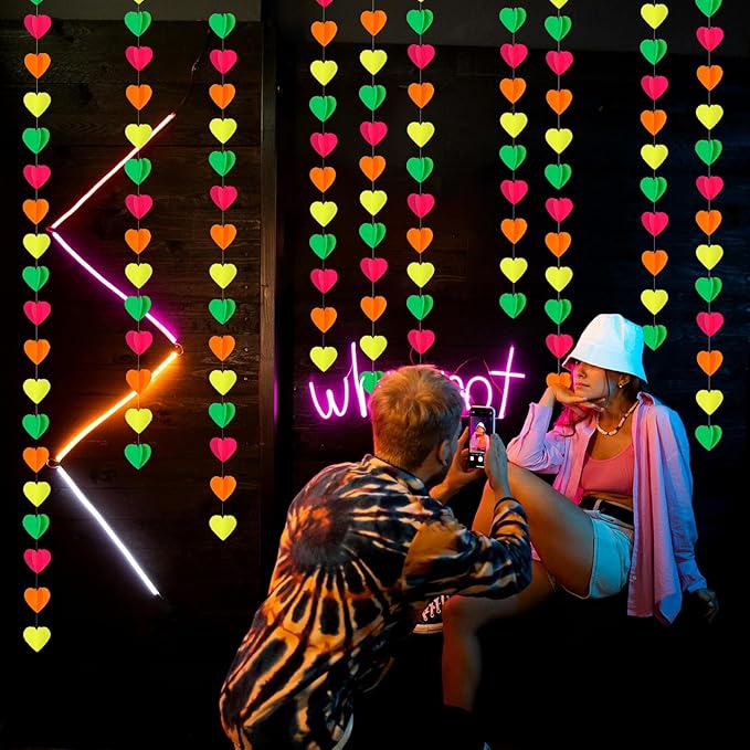 UV Neon Party Decorations Heart-Garland - 39Ft 3D Glow in The Dark Supplies, Hanging Paper Streamers Banner,Girl Romantic Wedding Anniversary Baby Bridal Shower Engagement Decor Ouruola