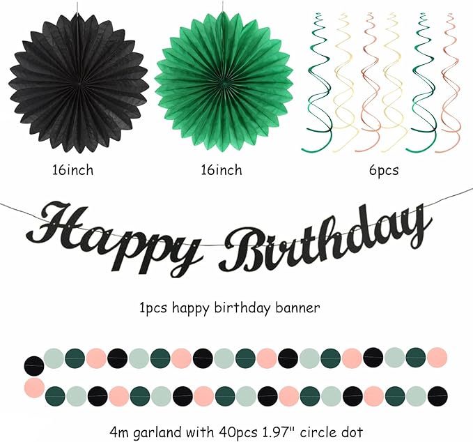 Sage-Green Blush-Pink Black Birthday Party-decorations - 21pcs Girls Woman Happy Banner Garland, Paper Streamers Lanterns,Flower Tissue Pom Poms Fan Supplies,Wall Backdrop Decor Huglony