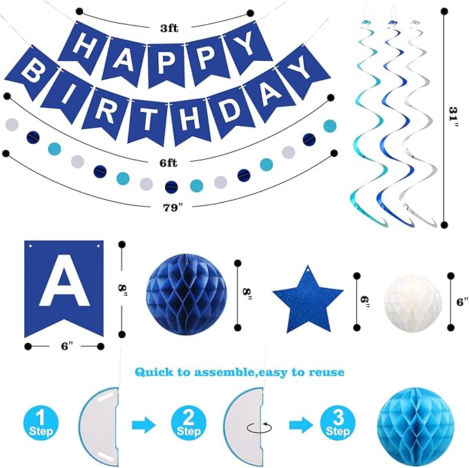 meowtastic Birthday Decorations, Happy Birthday Banner with Honeycomb Balls, Stars Hanging Swirl Streamers, Circle Dots Garland, Happy Birthday Party Decorations for Women Men Boys Girls (Blue)
