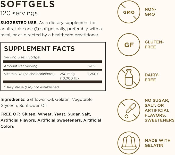 Solgar Vitamin D3 (Cholecalciferol) 250 MCG (10,000 IU), 120 Softgels - Helps Maintain Healthy Bones & Teeth - Immune System Support - Non GMO, Gluten/ Dairy Free - 120 Servings