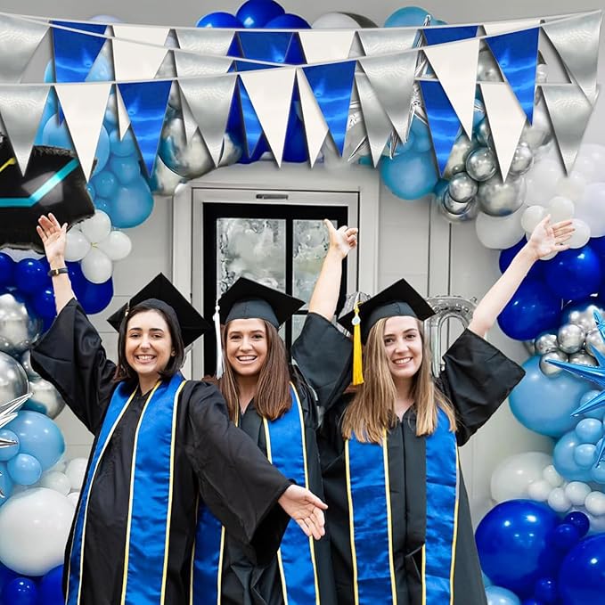 130FT Navy Blue White Silver Triangle Pennant Banner Flag Metallic Fabric Bunting Garland for Christmas Graduation Birthday Wedding Bridal Shower Nautical Ahoy Achor Theme Party Decorations Supplies