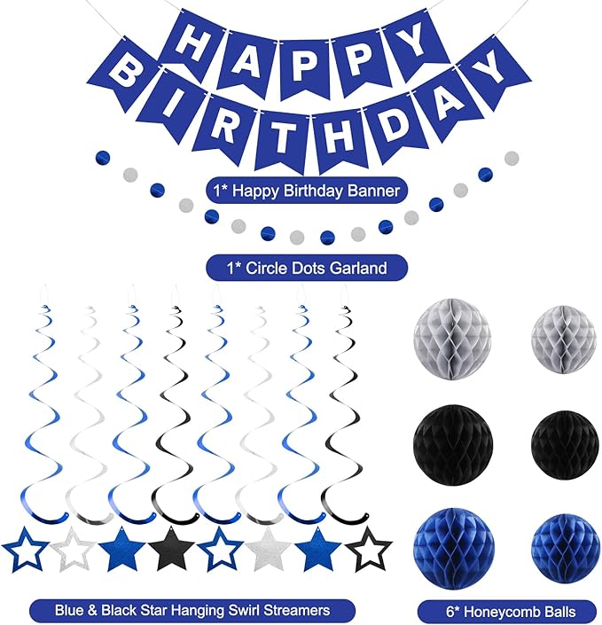 meowtastic Birthday Decorations, Happy Birthday Banner with Honeycomb Balls, Star Hanging Swirl Streamer, Circle Dot Garland, Happy Birthday Party Decorations for Women Men Boys Girls (Blue & Silver)