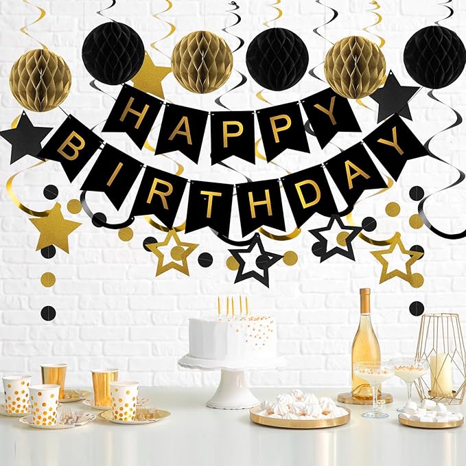meowtastic Birthday Decorations, Happy Birthday Banner with Honeycomb Balls, Star Hanging Swirl Streamers, Circle Dot Garland, Happy Birthday Party Decorations for Women Men Boys Girls (Black & Gold)