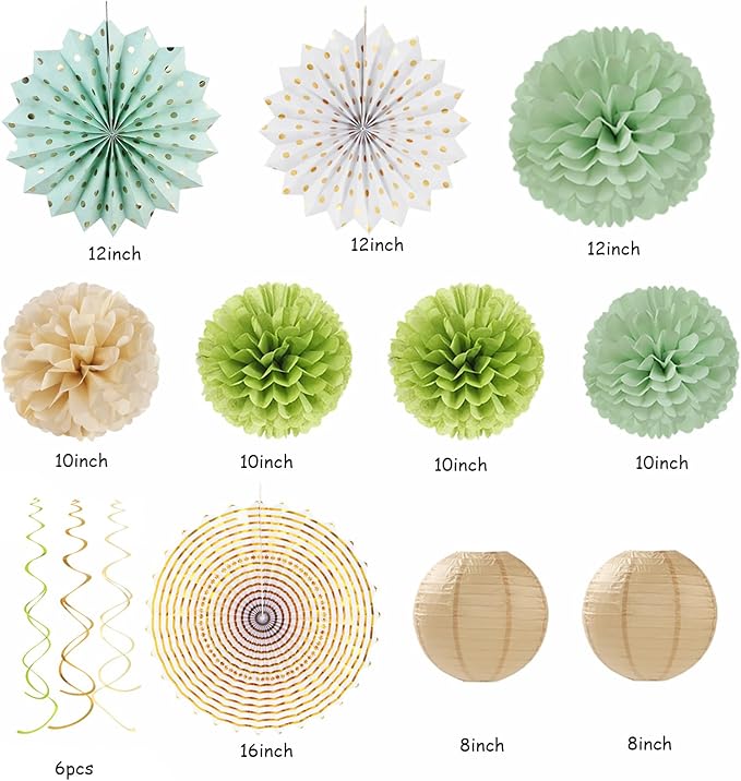 Sage-Olive Green Gold Brown Boho Party-Decorations - 33pcs Paper Lanterns Fan, Banner,Streamers Tassel Garland,Tissue Pom Poms,Baby Bridal Shower Birthday Wedding Bachelorette Engagement Decor Hugtmr