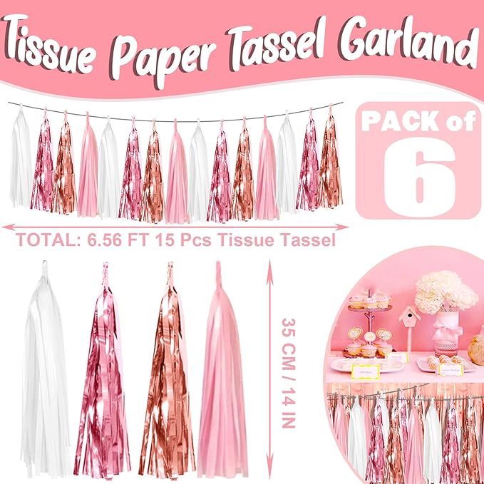6P Pink White Peach Rose Gold Tassels Foil Fringe Metallic Garland Banner, Tassels Banner Streamers for Parade Floats, Bachelorette, Wedding, Birthday, Christmas, Bridal/Baby Shower Party Decorations