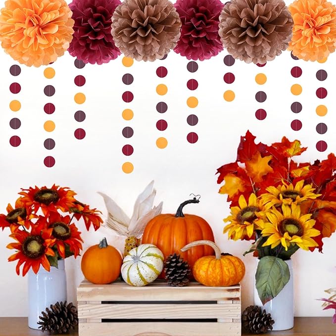 Brown Burgundy Orange Party-Decorations - 23pcs Fall Autumn Thanksgiving Harvest Paper Tissue Pom Poms Streamers,Rustic Boho Wedding Tassel Garland Banner,Birthday Baby Shower Decor Lasting Surprise