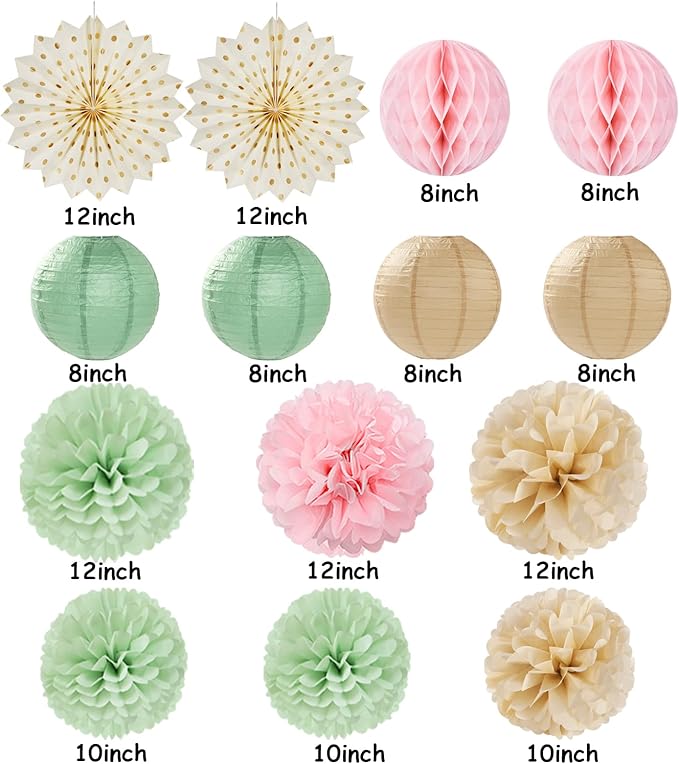 Sage-Green Pink-Champagne Party-Decorations Streamers Lanterns - 14pcs Neutral Baby Shower Paper Fan,Tissue Pom Poms,Honeycomb Balls,Boho Wedding Engagement Bachelorette Birthday Bridal Decor Ouruola
